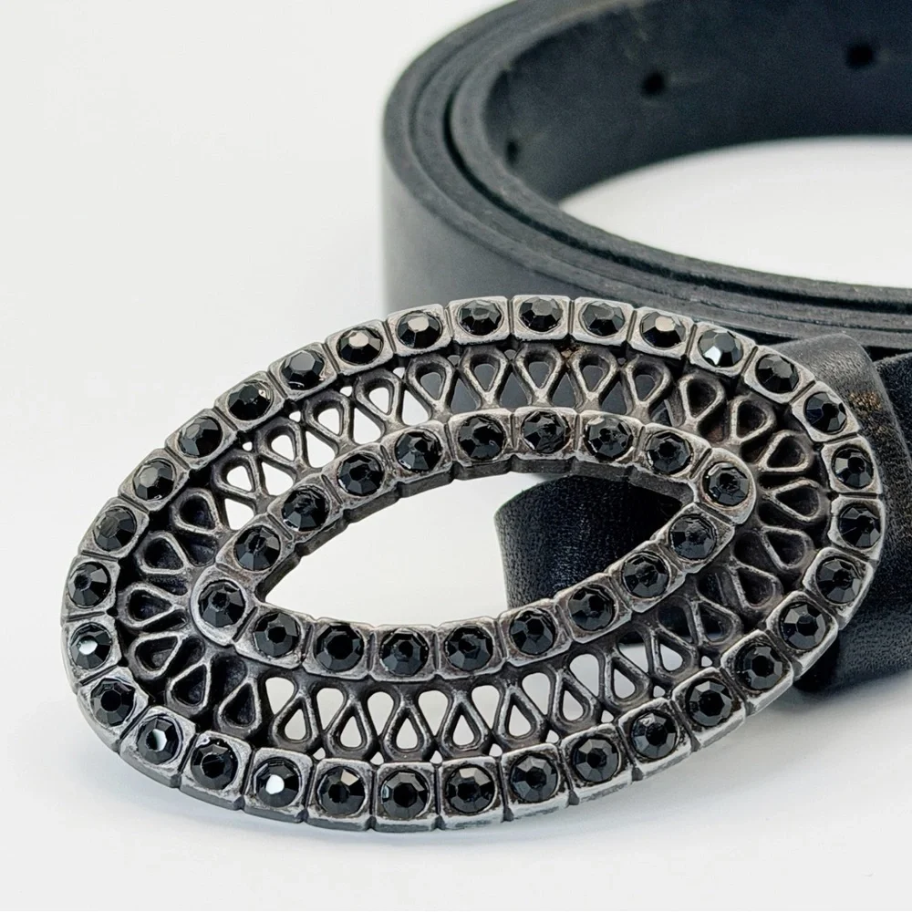 Fossil Black Leather Belt w Black Rhinestone Embellished Buckle Women's Size Med
